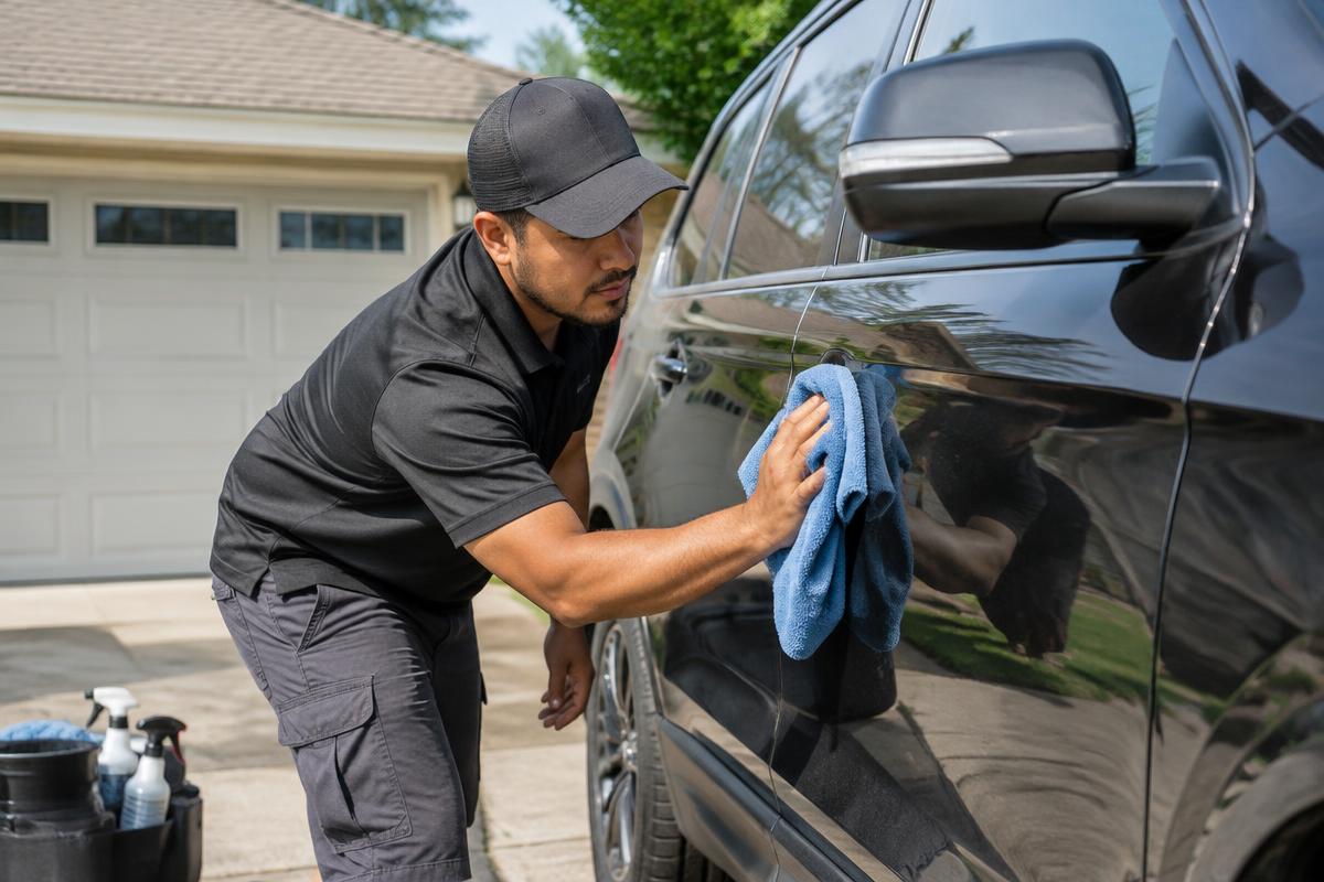 Auto detailer cleaning a vehicle in a residential driveway