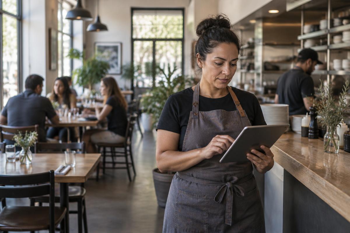 Independent restaurant owner reviewing business information on a tablet