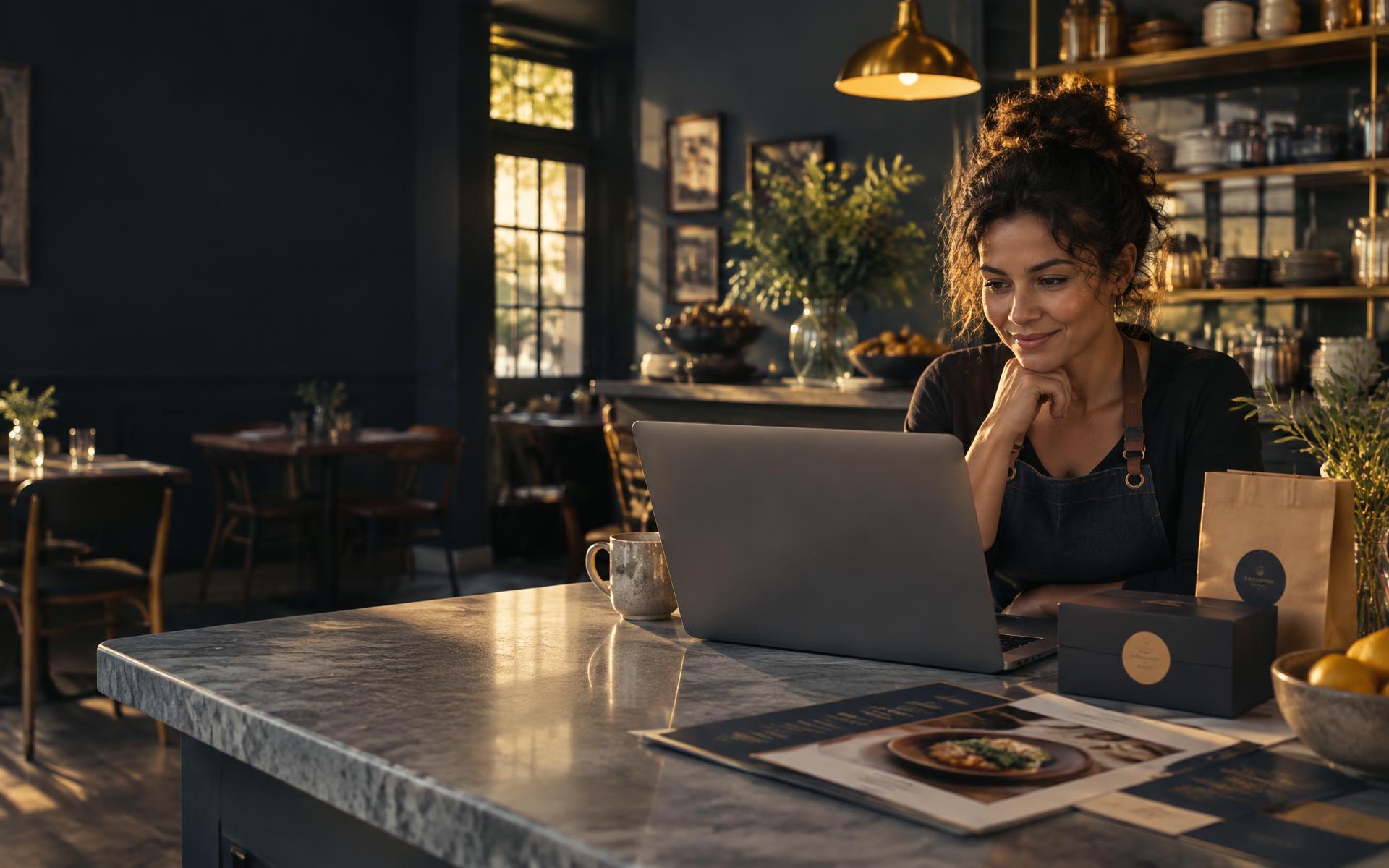 Independent restaurant owner reviewing digital work on a laptop in her café