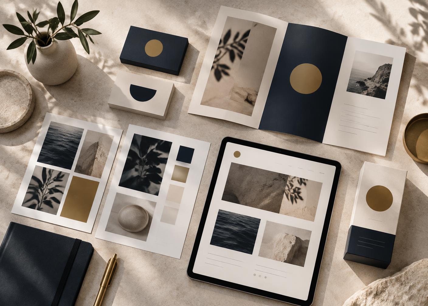 Brand identity, packaging, printed materials, and website design arranged on a studio table